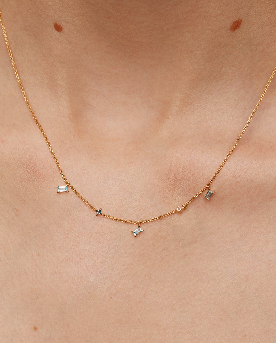Colar de Prata 925 Banhada a Ouro Amarelo de 18k com Topázios Azul London, Azul Swiss e Brancos Azul-oceano-4