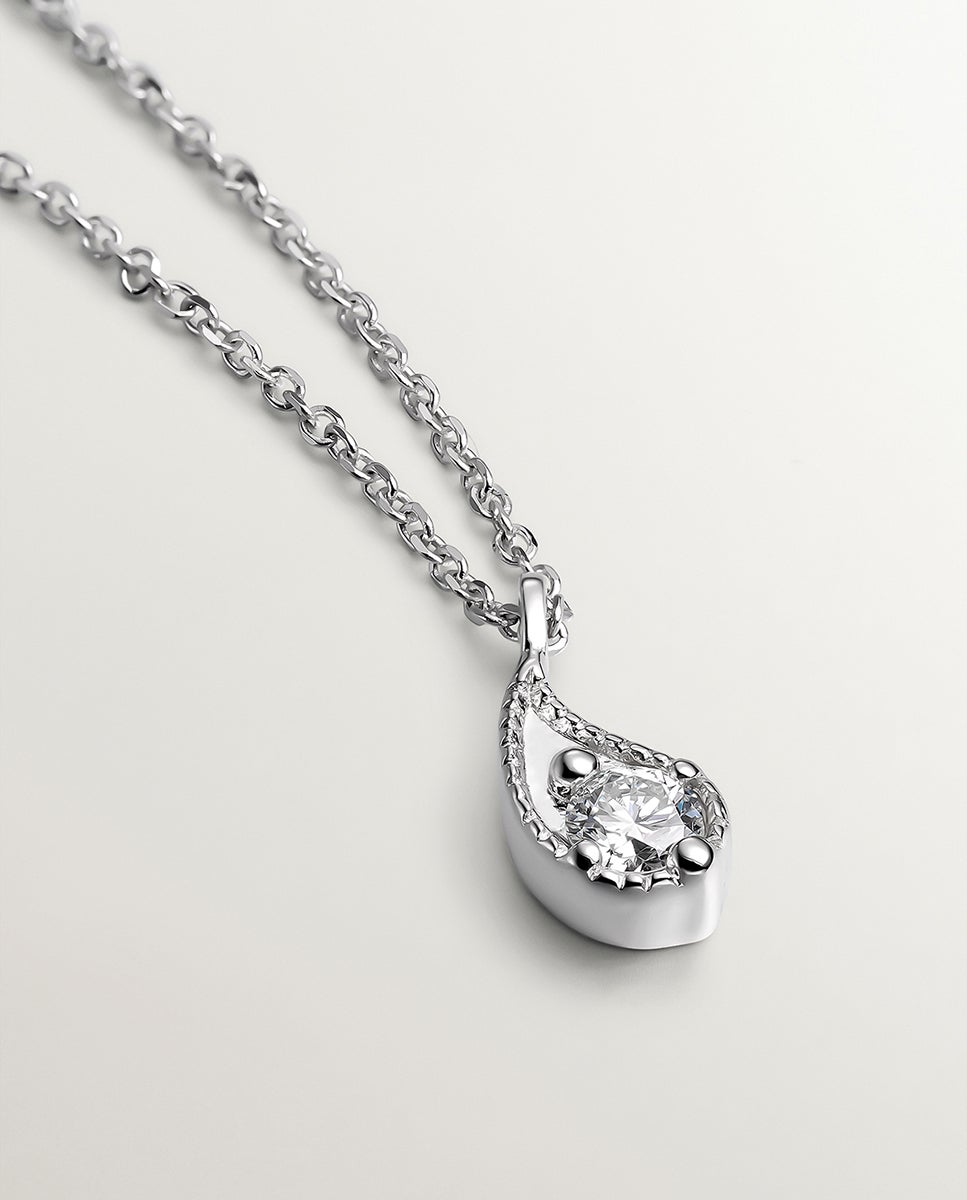 Pendente de Ouro Branco de 9k com Gota e Diamantes Brancos Branco-2