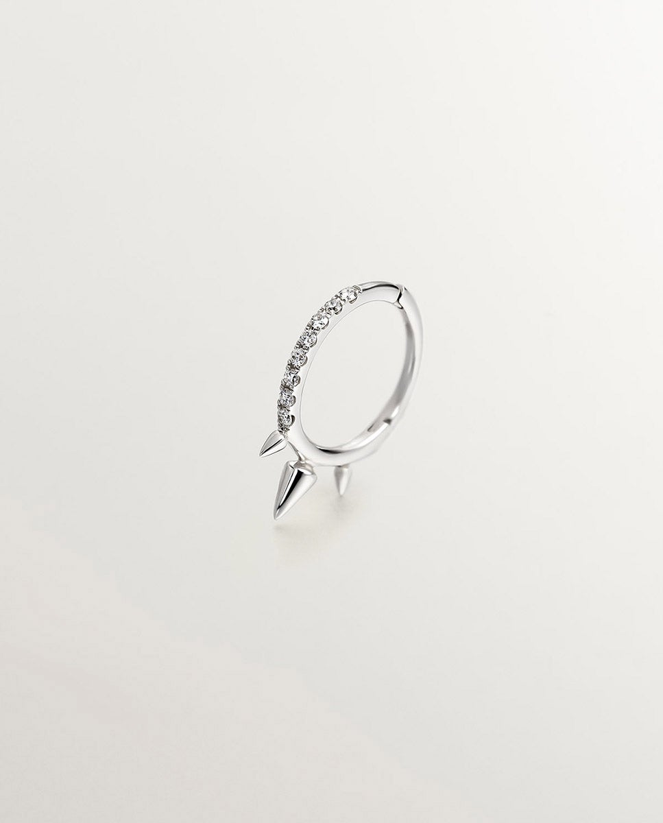 Brinco Individual de Argola Pequena de Ouro Branco 9k com Picos e Diamantes Branco-1
