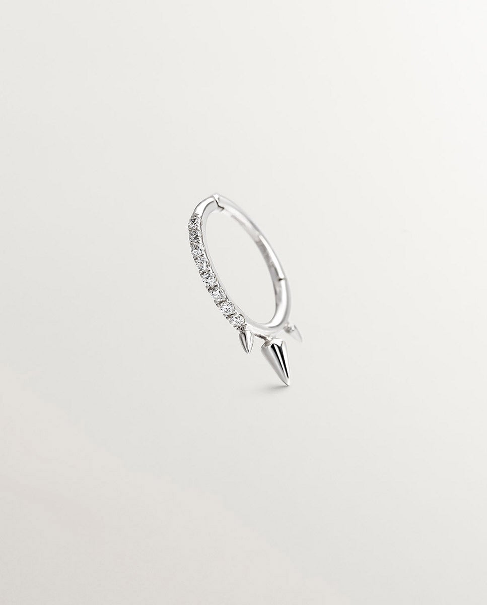 Brinco Individual de Argola Pequena de Ouro Branco 9k com Picos e Diamantes Branco-2