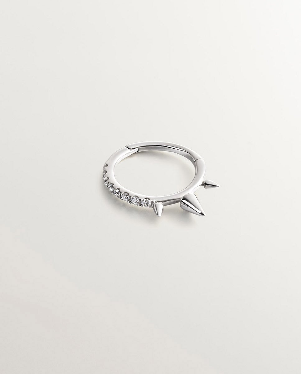 Brinco Individual de Argola Pequena de Ouro Branco 9k com Picos e Diamantes Branco-3