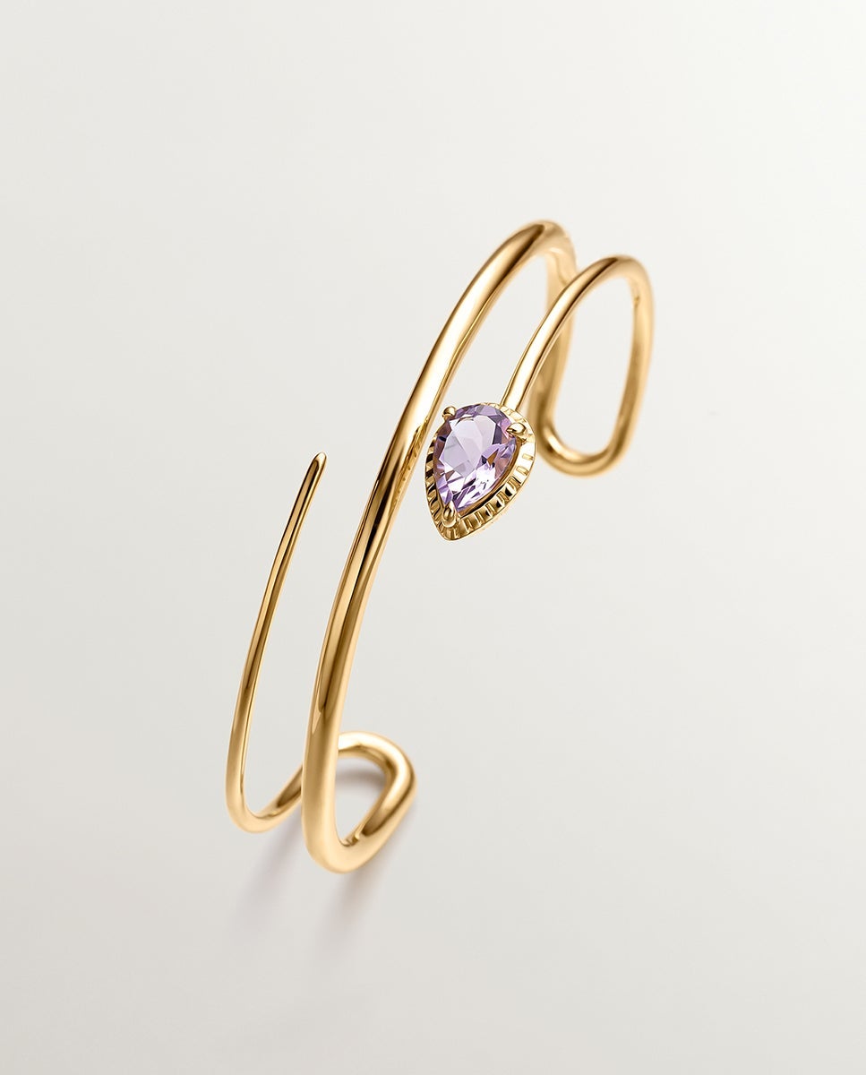 Pulseira Rígida de Prata 925 Banhada em Ouro Amarelo de 18k com Ametista Rosa Rosa-1