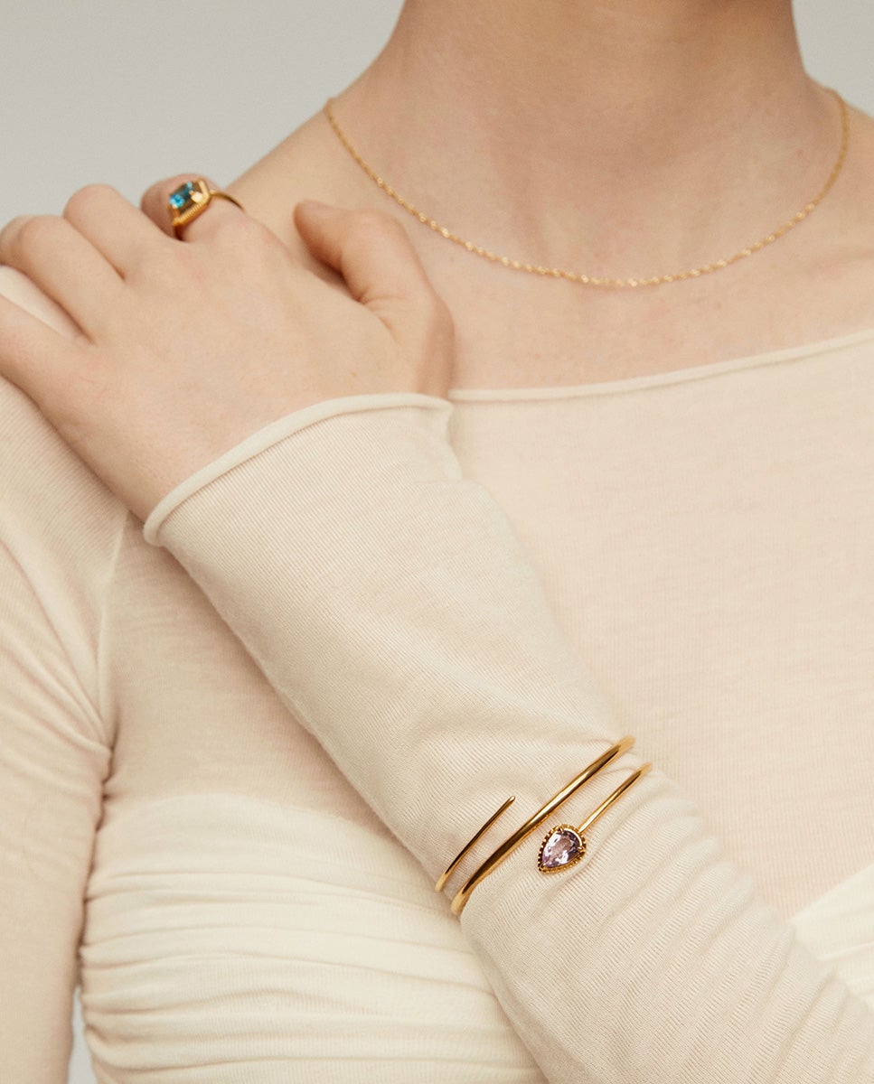 Pulseira Rígida de Prata 925 Banhada em Ouro Amarelo de 18k com Ametista Rosa Rosa-4