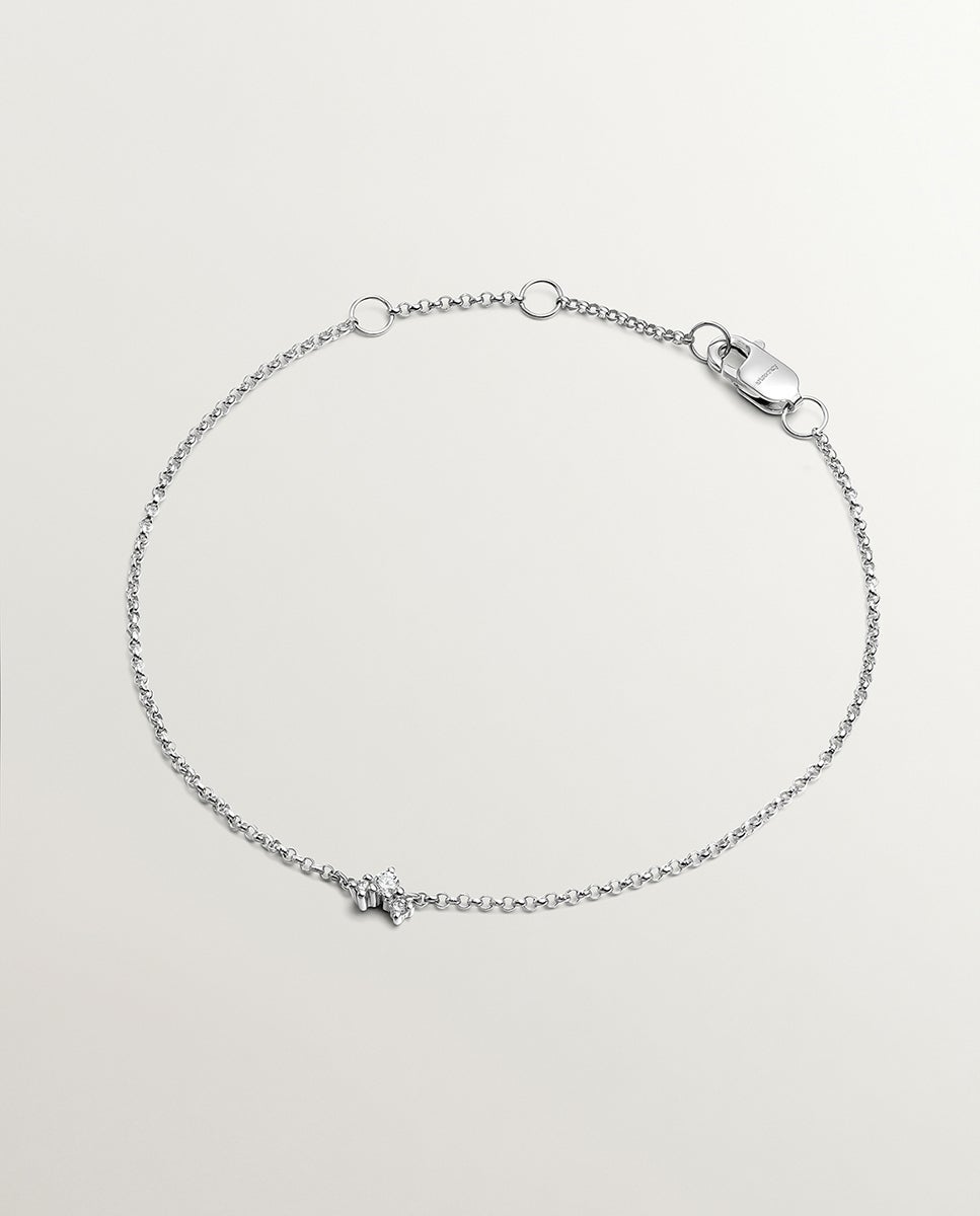 Pulseira de Elos Rolo de Ouro Branco de 9k com 3 Diamantes Branco-1