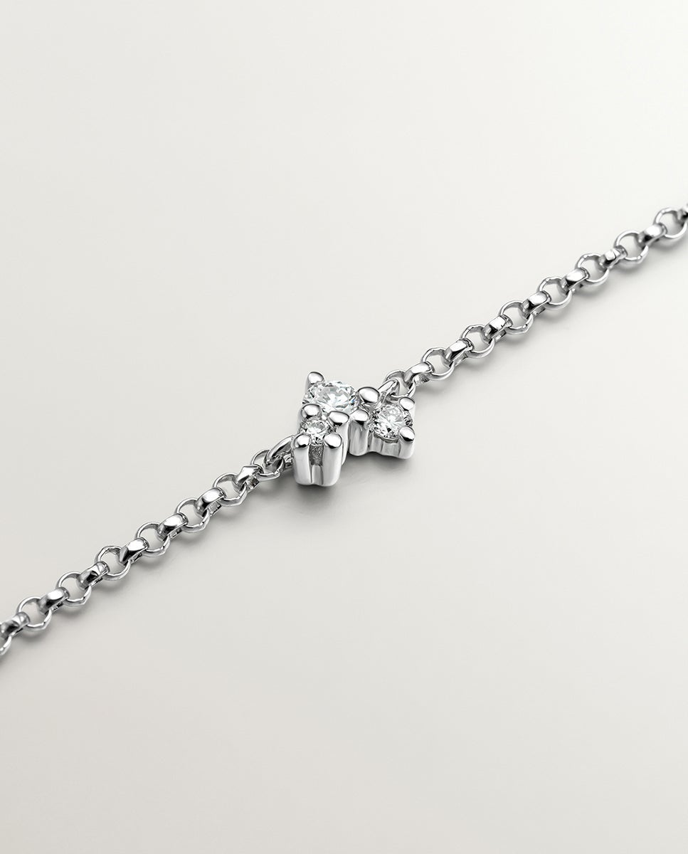 Pulseira de Elos Rolo de Ouro Branco de 9k com 3 Diamantes Branco-3