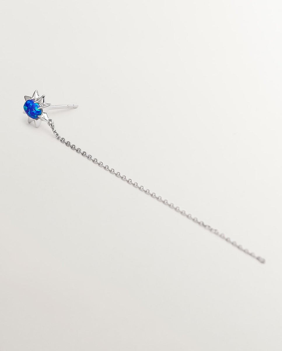 Brinco Individual de Corrente de Ouro Branco 18k com Ópalo Azul Azul-3