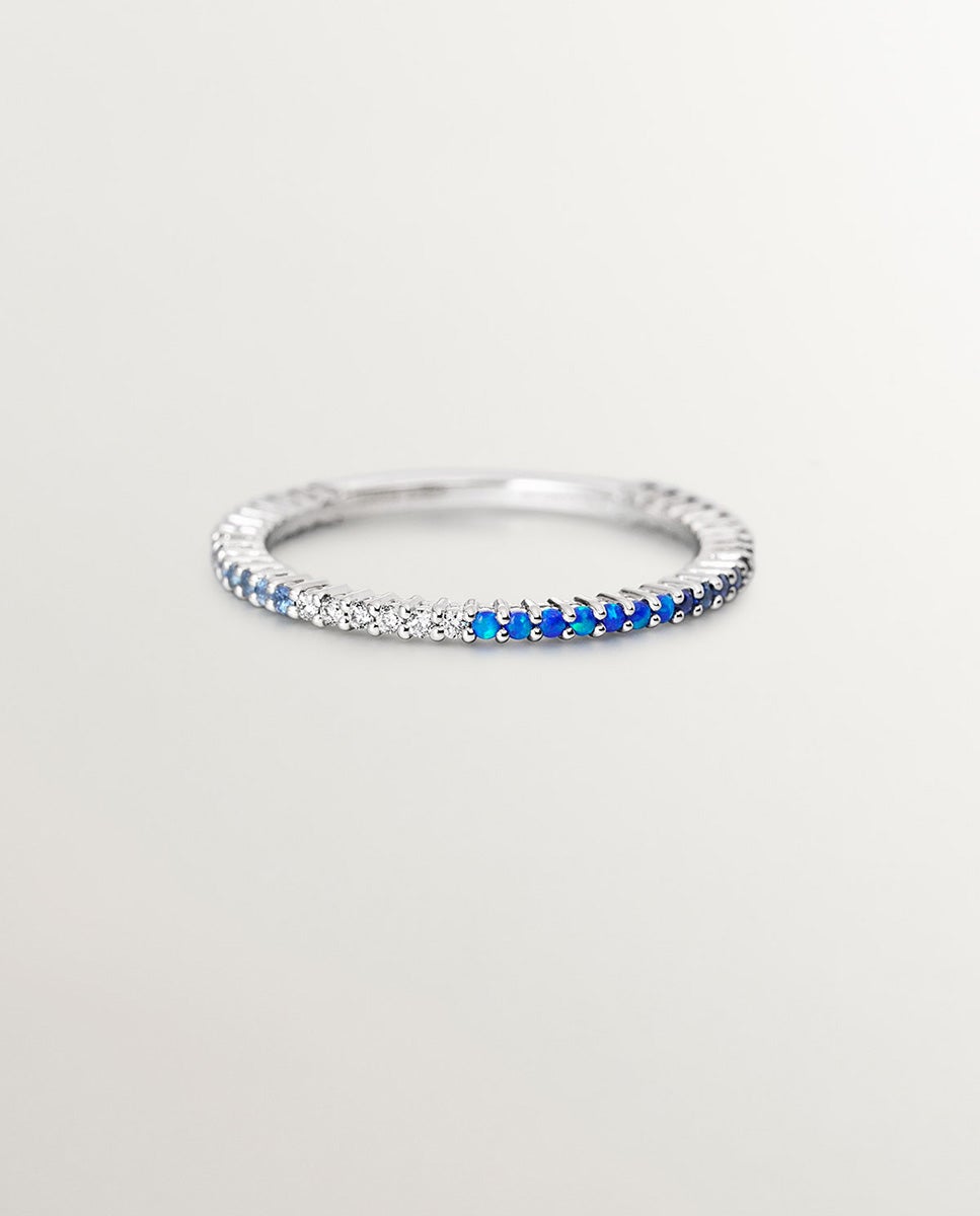 Anel de Ouro Branco 18k com Ópalos Azuis Lab Grown, Diamantes Brancos e Safiras Azuis Azul-3