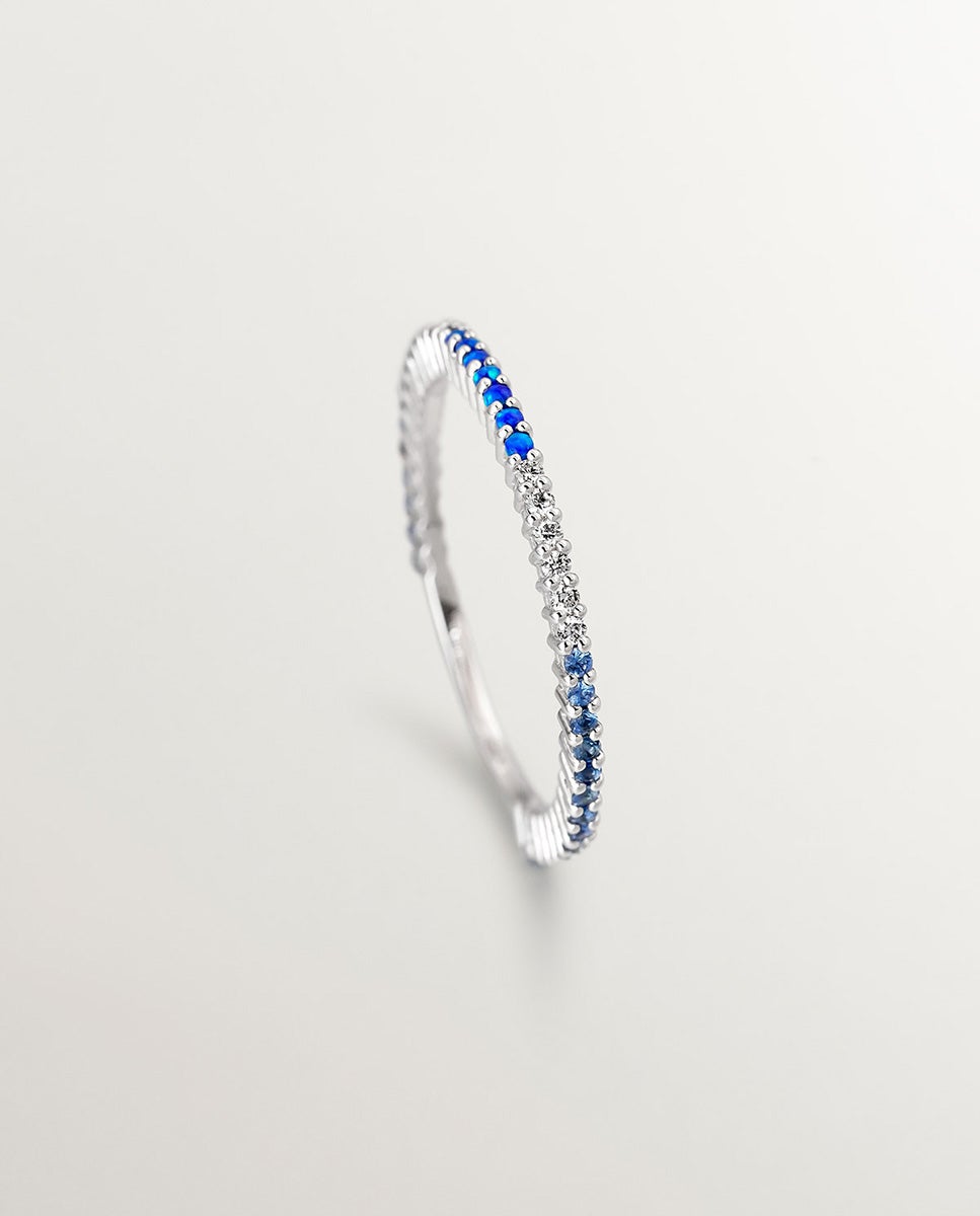 Anel de Ouro Branco 18k com Ópalos Azuis Lab Grown, Diamantes Brancos e Safiras Azuis Azul-5