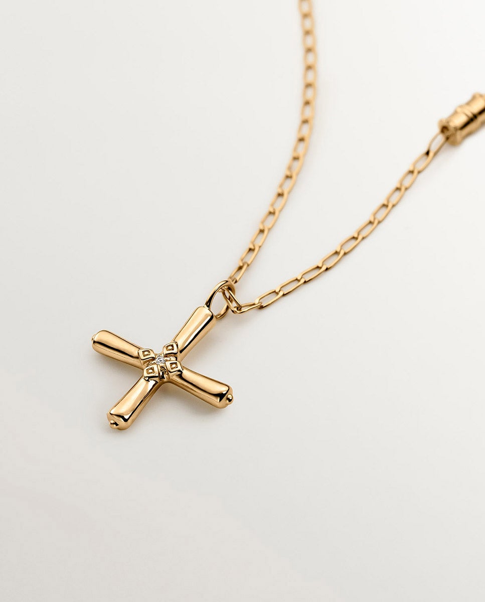 Pendente de Prata 925 Banhada em Ouro Amarelo de 18k com Cruz e Topázio Branco Ouro-3