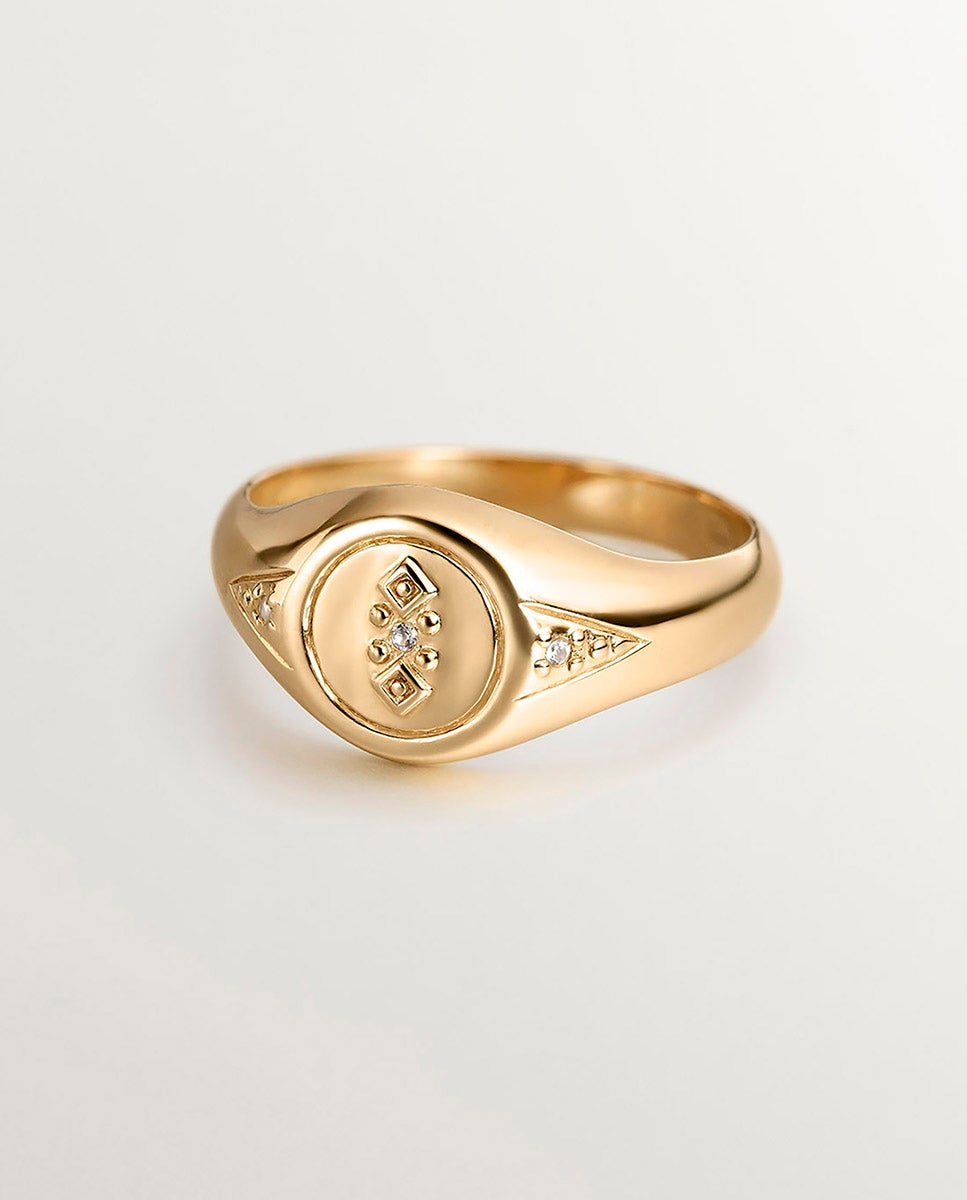 Anel Tipo Selo de Prata 925 Banhada em Ouro Amarelo de 18k com Topázio Branco Branco-3