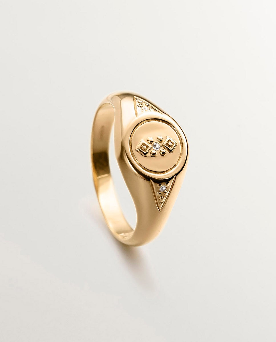 Anel Tipo Selo de Prata 925 Banhada em Ouro Amarelo de 18k com Topázio Branco Branco-5