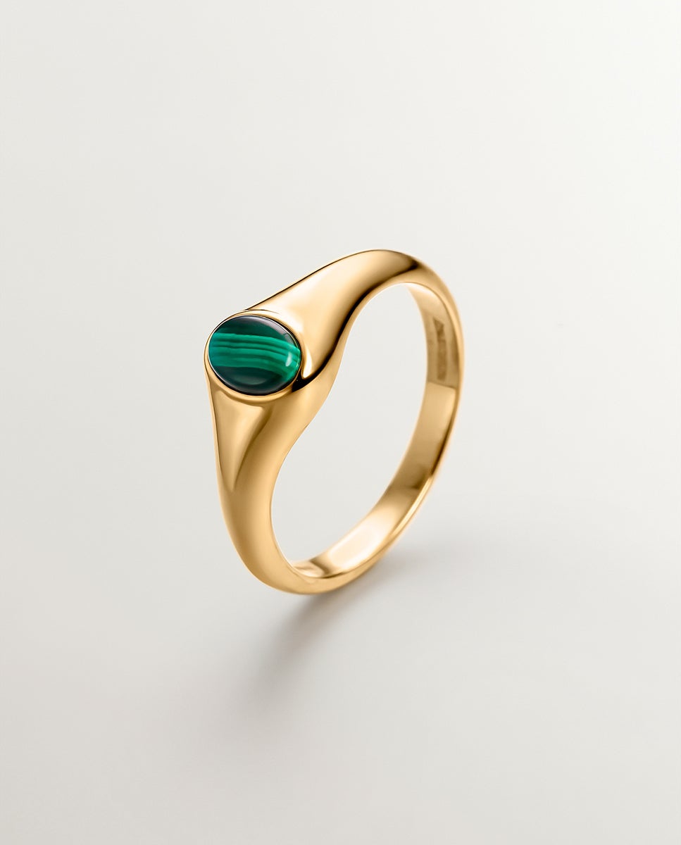 Anel de Selo de Ouro Amarelo 9k com Malaquita Verde Verde-1