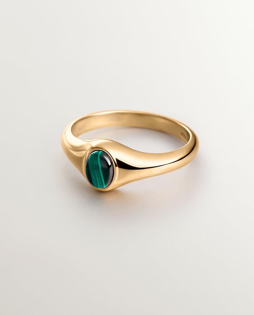 Anel de Selo de Ouro Amarelo 9k com Malaquita Verde Verde-4