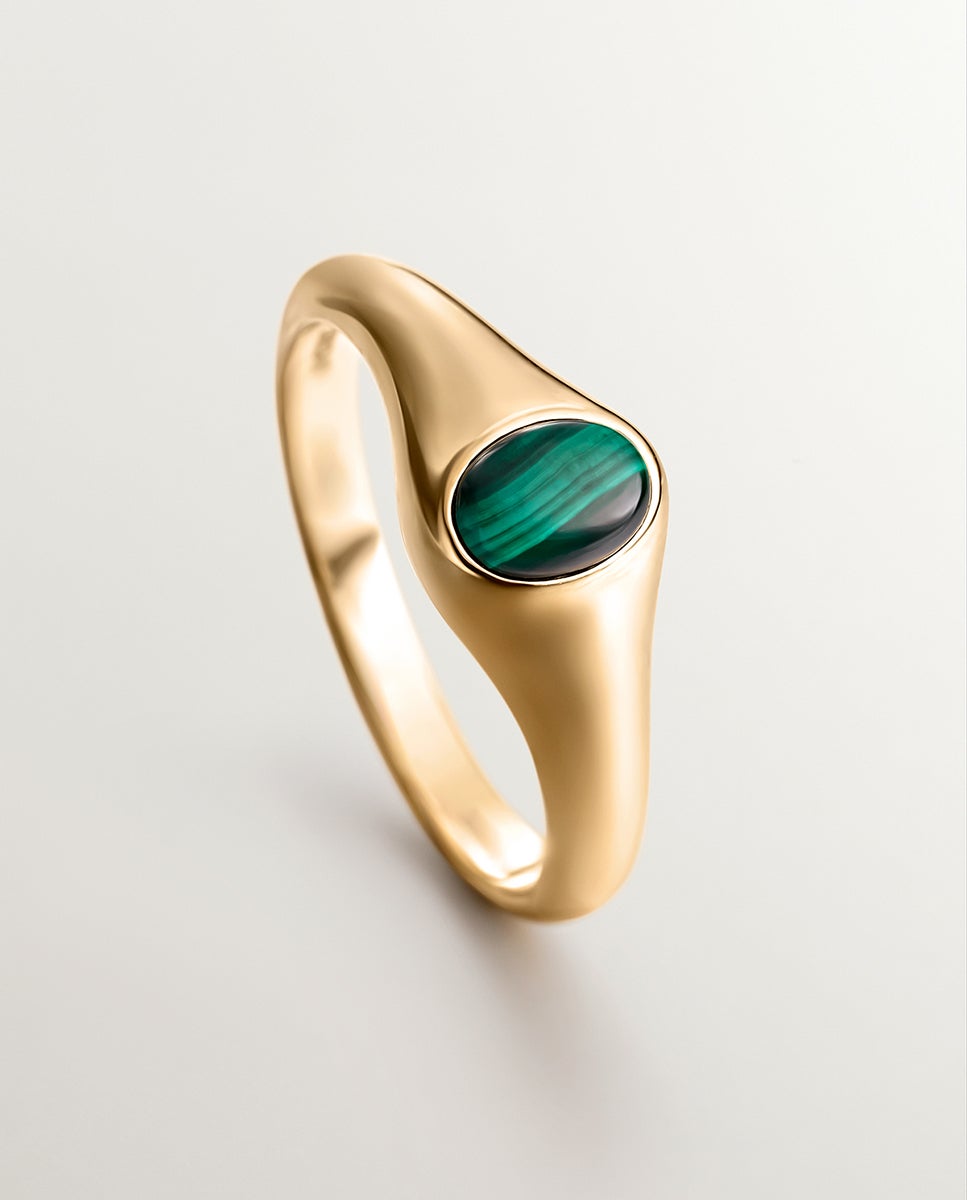 Anel de Selo de Ouro Amarelo 9k com Malaquita Verde Verde-6
