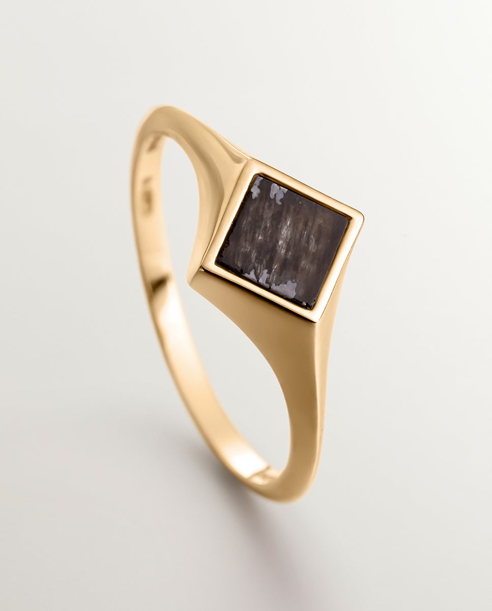 Anel de Selo de Ouro Amarelo de 9k com Obsidiana Negra Preto-6