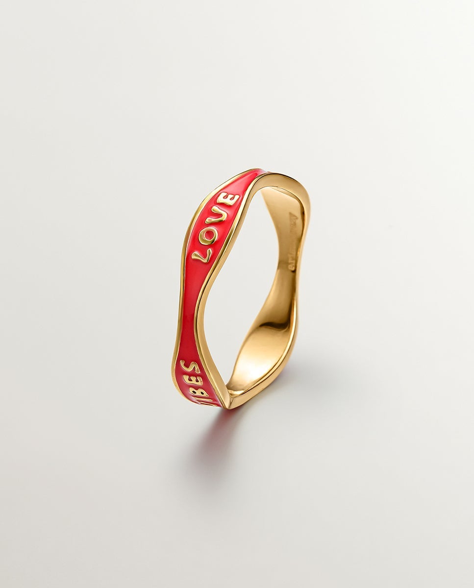Anel de Prata Banhada em Ouro de 18kt com Esmalte em Vermelho Vermelho-2