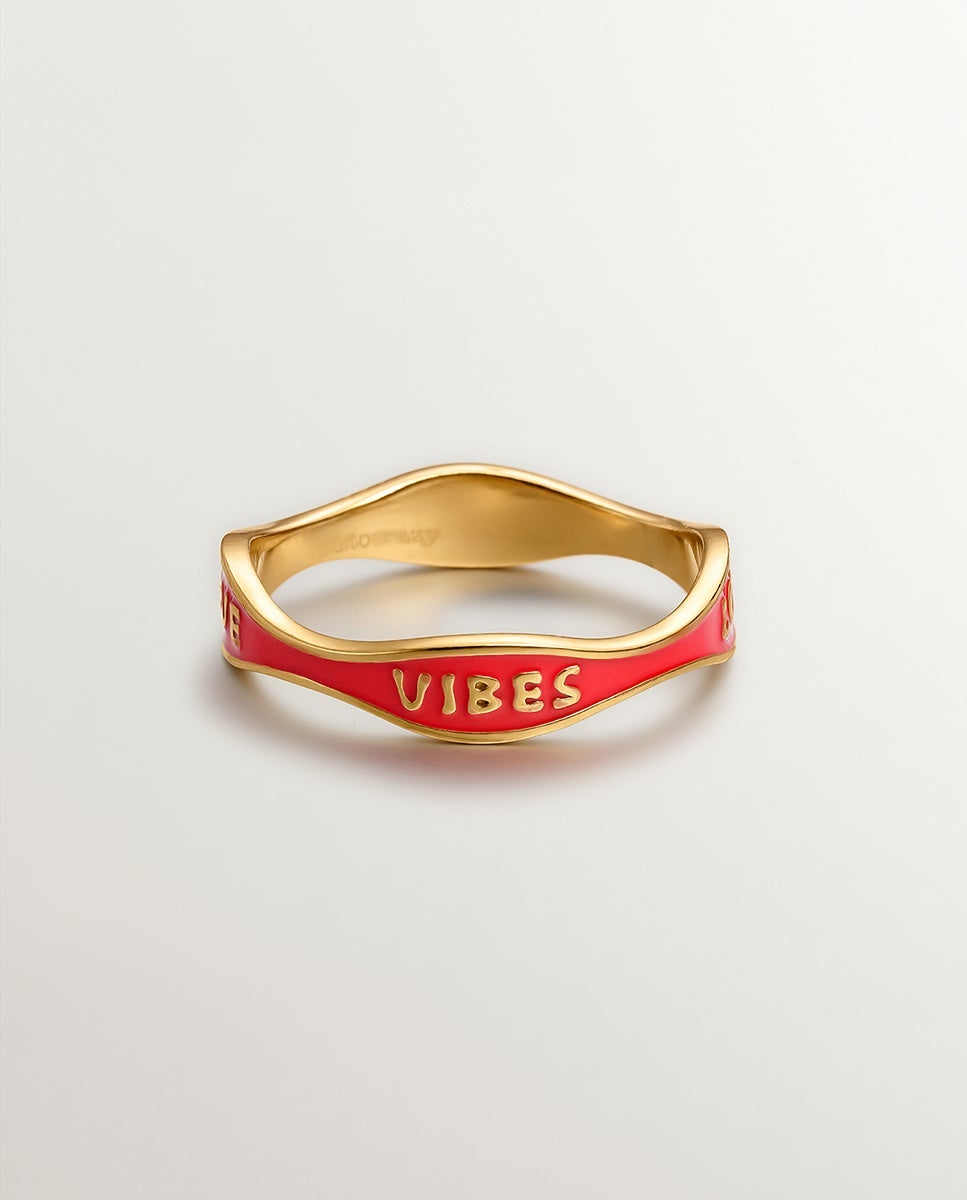 Anel de Prata Banhada em Ouro de 18kt com Esmalte em Vermelho Vermelho-3
