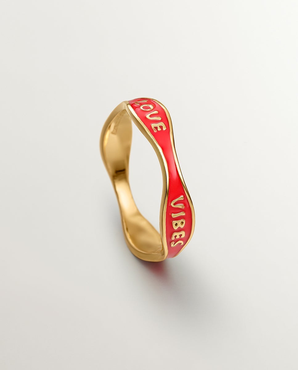Anel de Prata Banhada em Ouro de 18kt com Esmalte em Vermelho Vermelho-5