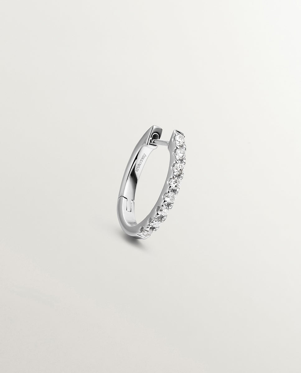 Brinco de Argola Individual Pequeno de Ouro Branco 18k com Diamantes Branco-2