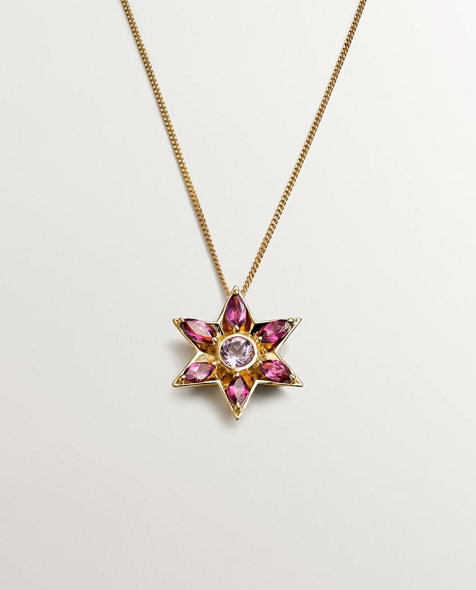Pendente de Prata 925 Banhada a Ouro Amarelo de 18k com Ametistas e Rodolitos em Forma de Flor Roxo-1