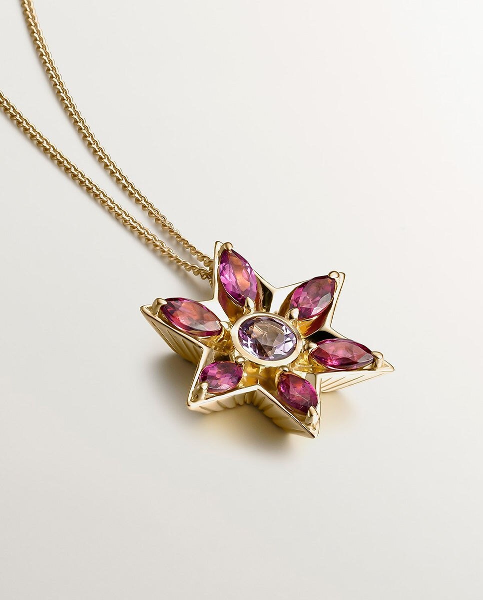 Pendente de Prata 925 Banhada a Ouro Amarelo de 18k com Ametistas e Rodolitos em Forma de Flor Roxo-3