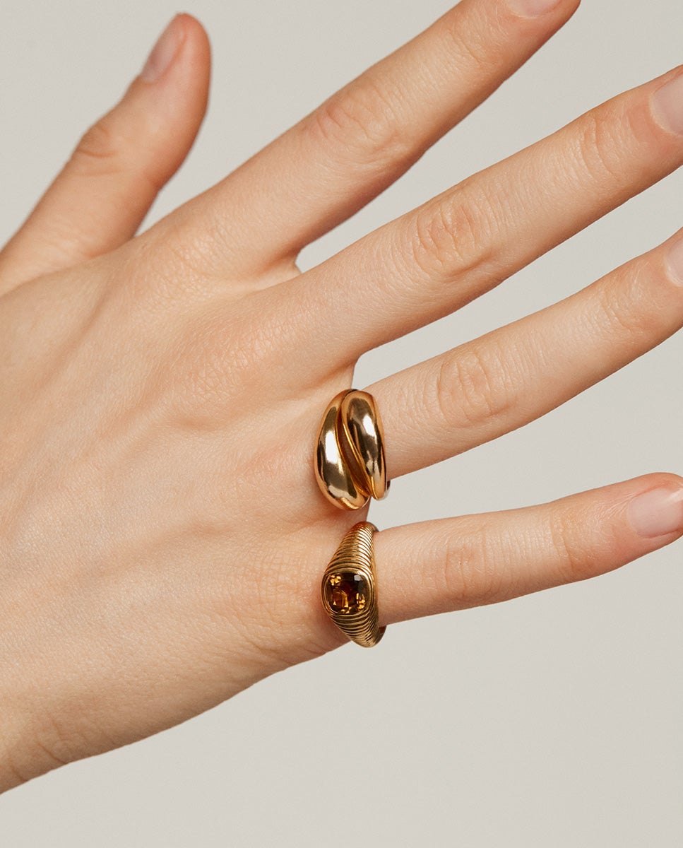 Anel Tipo Selo de Prata 925 Banhada em Ouro Amarelo de 18k com Quartzo Castanho e Textura Gallonada Castanho-6