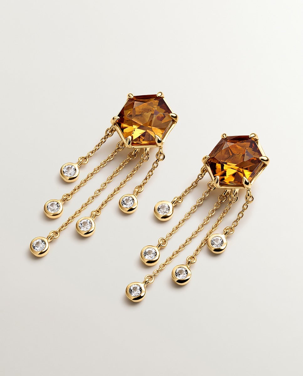 Brincos Compridos de Prata 925 Banhada a Ouro Amarelo de 18k com Quartzo Castanho e Topázios Brancos Castanho-1