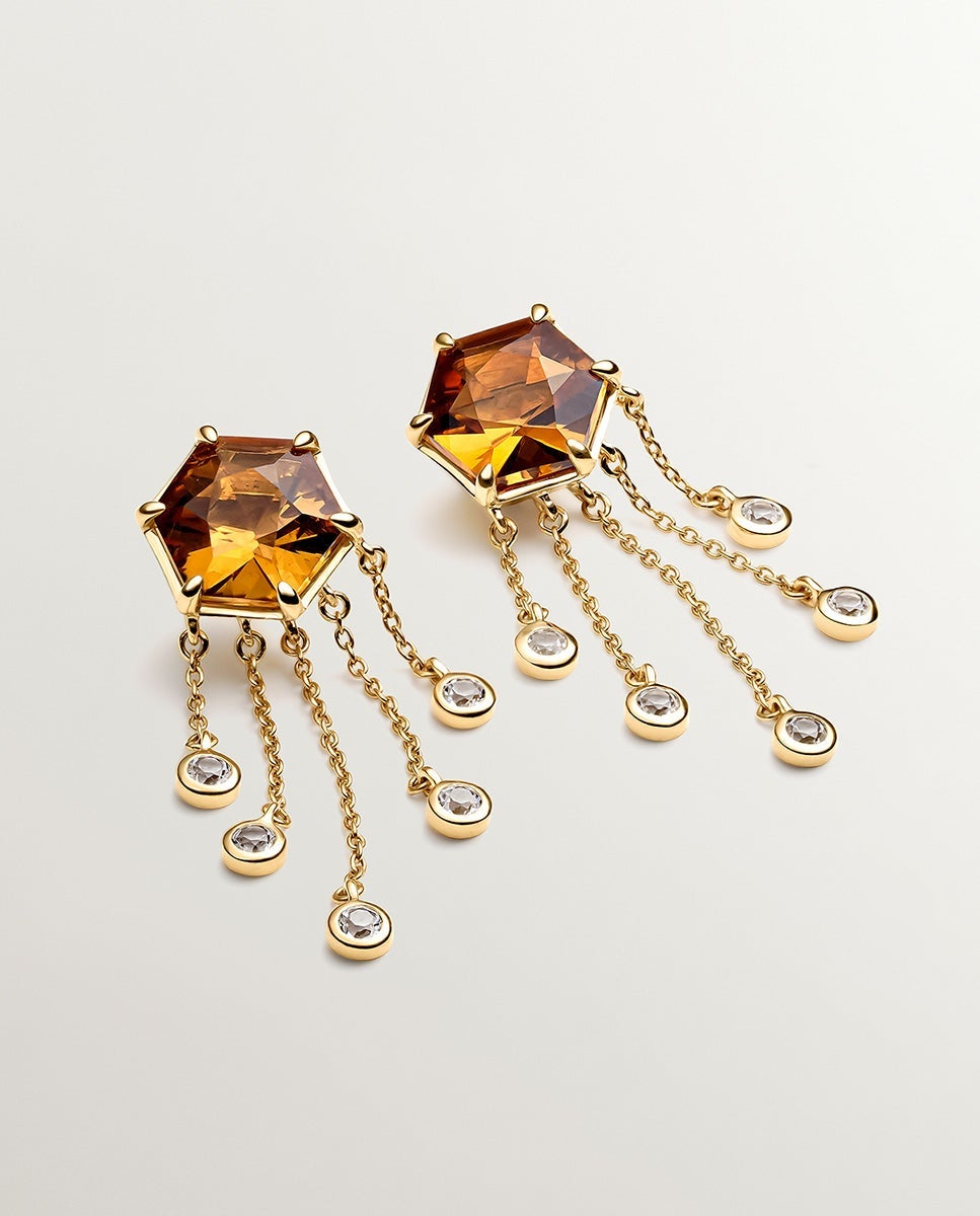 Brincos Compridos de Prata 925 Banhada a Ouro Amarelo de 18k com Quartzo Castanho e Topázios Brancos Castanho-3