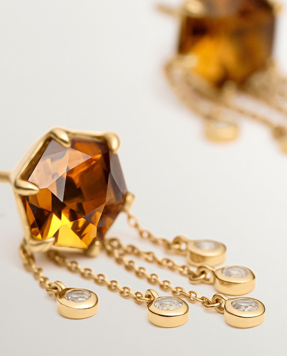Brincos Compridos de Prata 925 Banhada a Ouro Amarelo de 18k com Quartzo Castanho e Topázios Brancos Castanho-5
