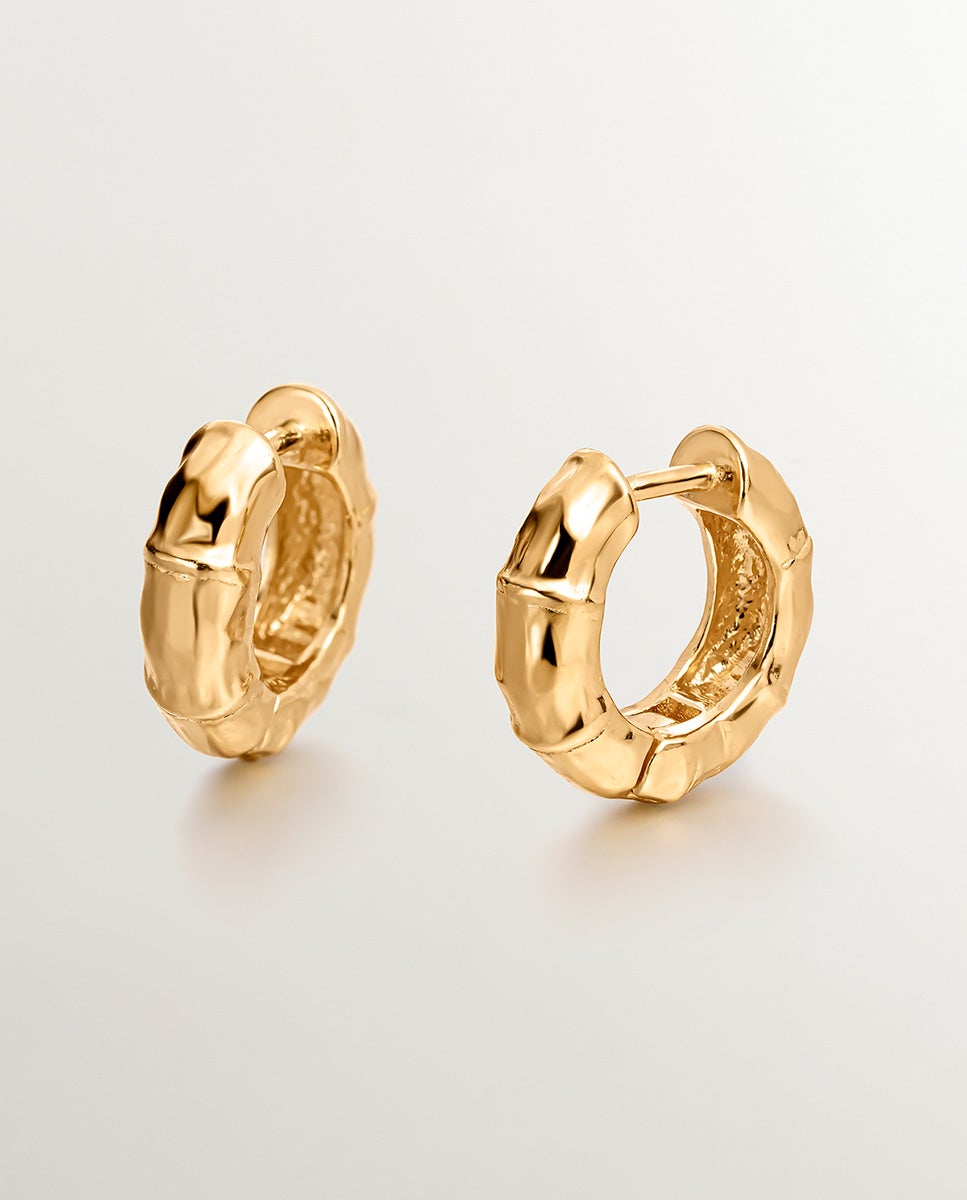 Brincos Pequenos de Aro em Prata 925 com Banho em Ouro Amarelo de 18k com Textura de Bambu Ouro-1