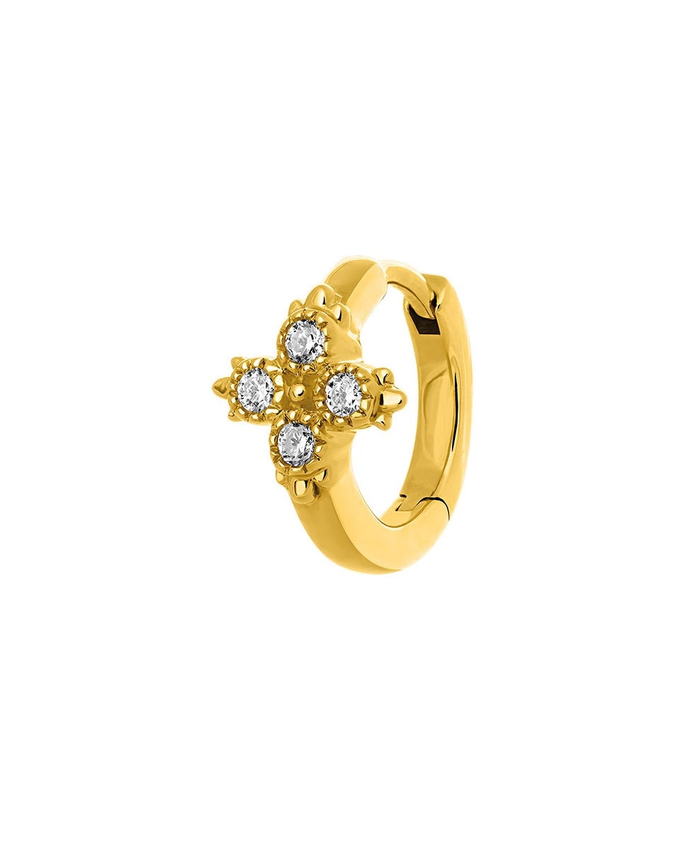 Brinco Individual de Argola Pequena de Ouro Amarelo 18k com Cruz de Diamantes Branco-1