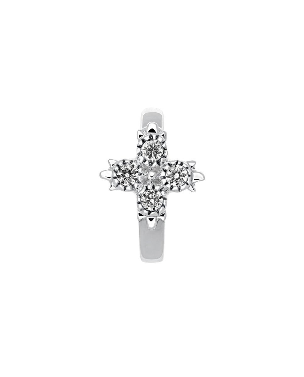 Brinco Pequeno Individual de Argola em Ouro Branco 18k com Cruz de Diamantes Branco-1