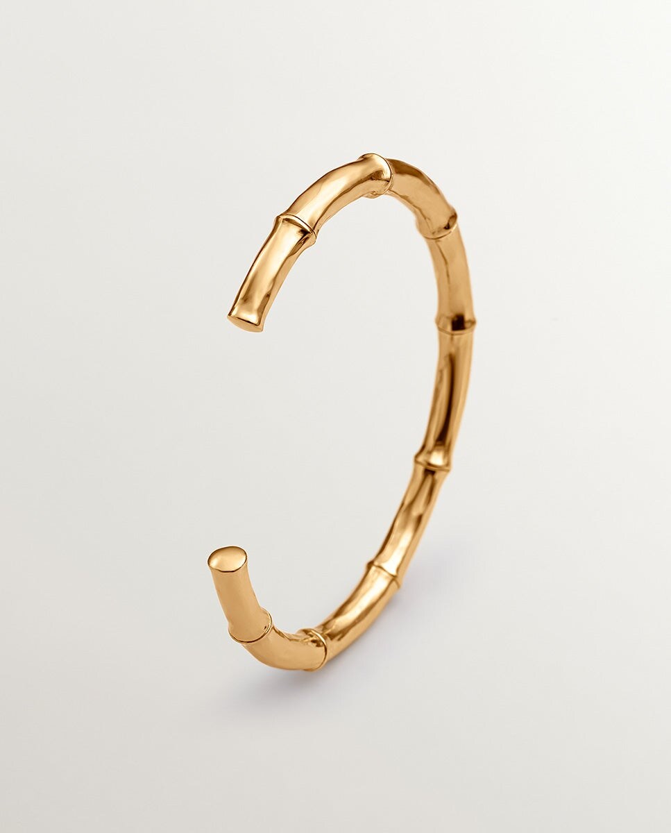Pulseira Tipo Bracelete de Prata Banhada em Ouro Amarelo de 18K com Textura de Bambu Ouro-1
