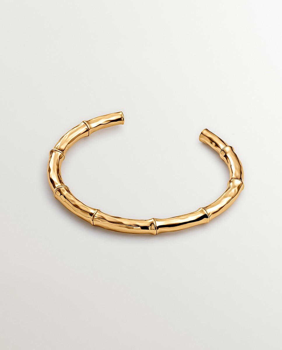 Pulseira Tipo Bracelete de Prata Banhada em Ouro Amarelo de 18K com Textura de Bambu Ouro-3