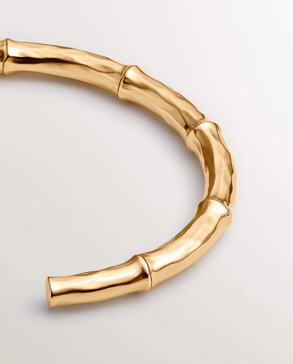 Pulseira Tipo Bracelete de Prata Banhada em Ouro Amarelo de 18K com Textura de Bambu Ouro-5