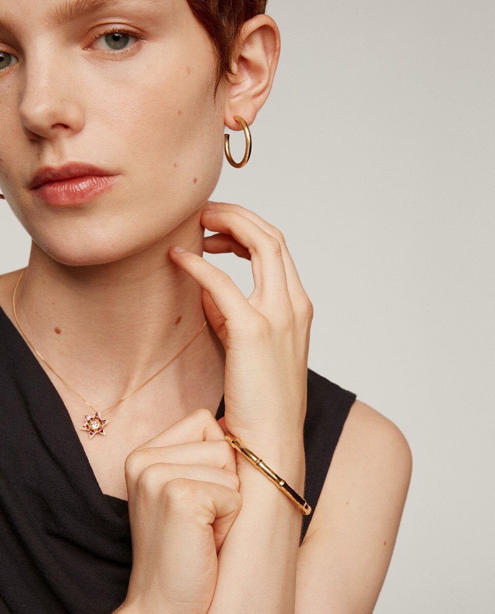 Pulseira Tipo Bracelete de Prata Banhada em Ouro Amarelo de 18K com Textura de Bambu Ouro-6