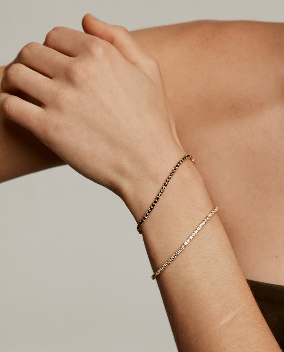 Pulseira de Prata 925 Banhada em Ouro Amarelo de 18k com Espinelas Negras Preto-6