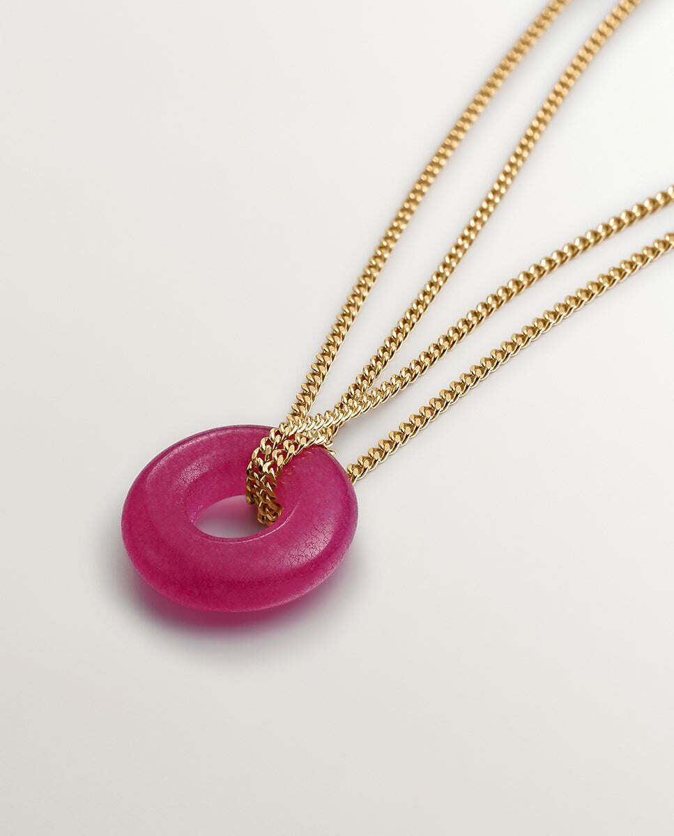 Colar de Prata 925 Banhada em Ouro Amarelo de 18k com Jade Vermelho Rosa-3