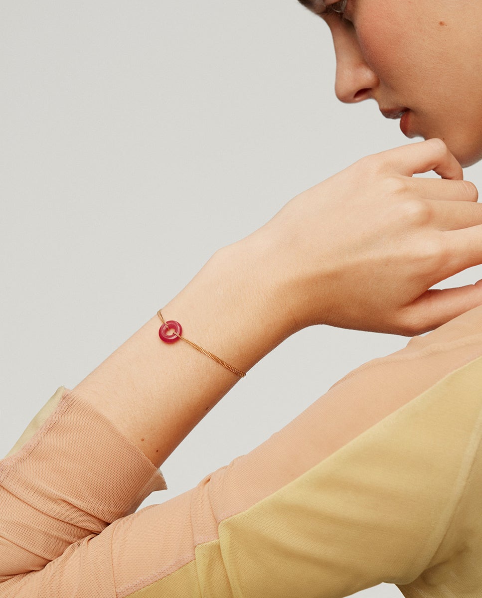 Pulseira de Prata 925 Banhada a Ouro Amarelo de 18k com Jade Vermelho Rosa-2