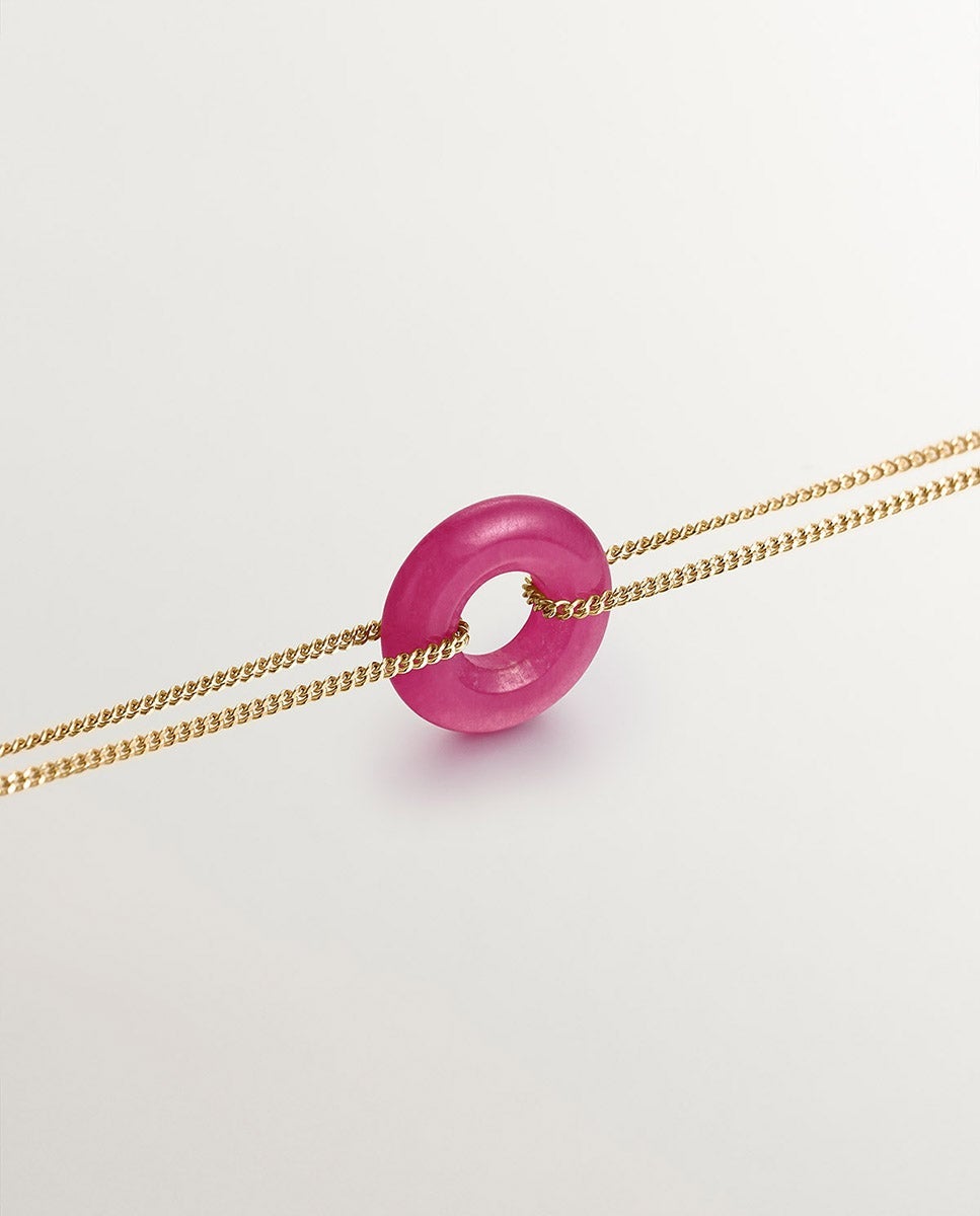 Pulseira de Prata 925 Banhada a Ouro Amarelo de 18k com Jade Vermelho Rosa-3