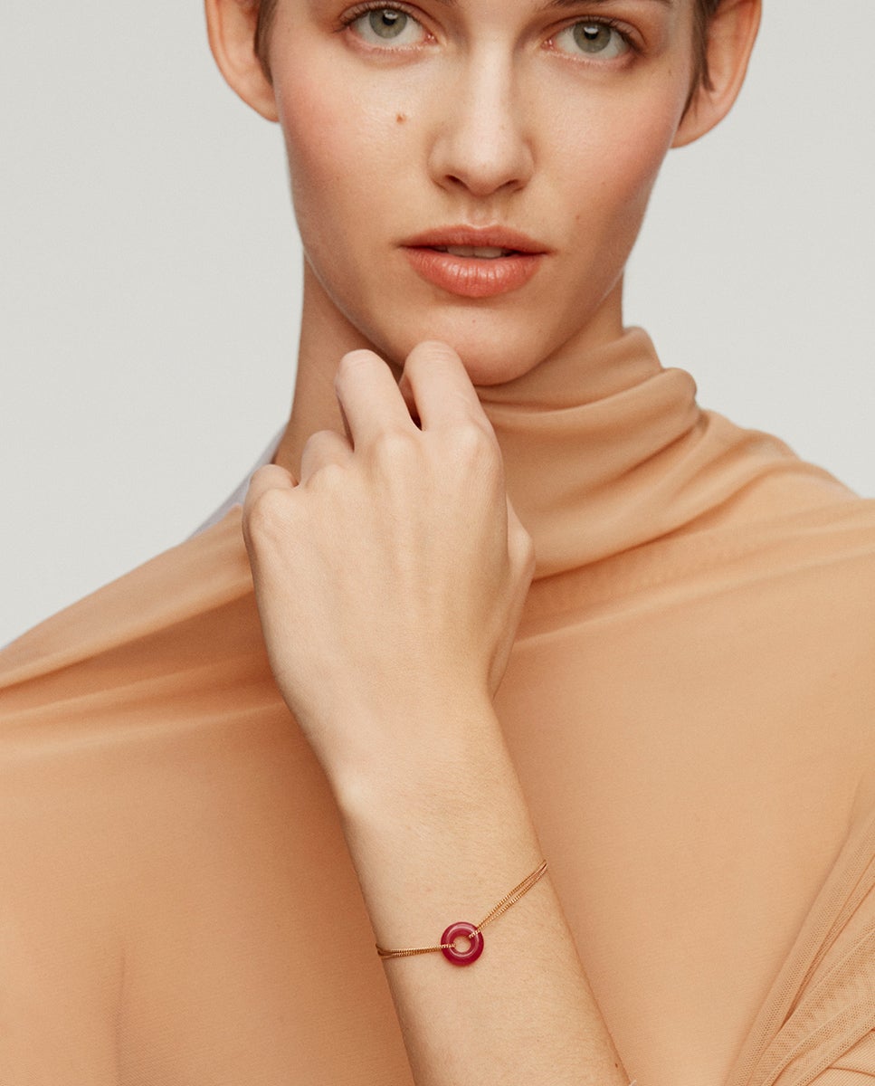 Pulseira de Prata 925 Banhada a Ouro Amarelo de 18k com Jade Vermelho Rosa-4