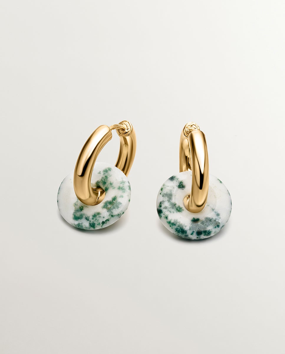 Brincos de Aro em Prata 925 Banhada em Ouro Amarelo de 18k com Ágata Verde Verde-1