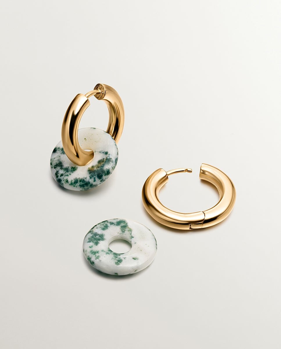 Brincos de Aro em Prata 925 Banhada em Ouro Amarelo de 18k com Ágata Verde Verde-3