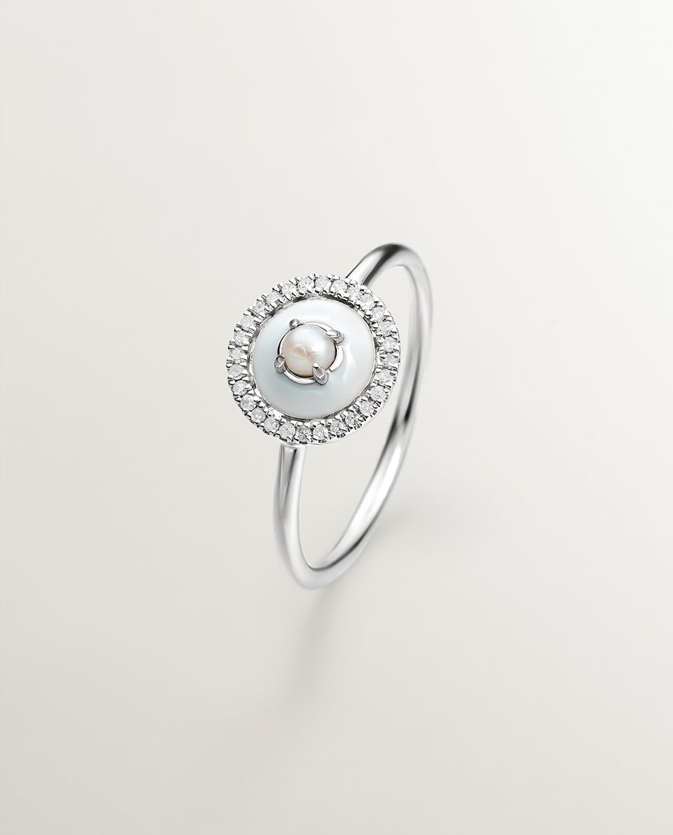 Anel de Prata 925 e Ouro Branco de 18k com Pérola Branca, Diamantes Brancos e Esmalte Cinzento Branco-1