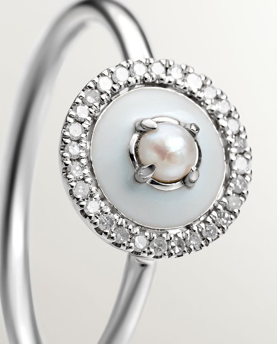Anel de Prata 925 e Ouro Branco de 18k com Pérola Branca, Diamantes Brancos e Esmalte Cinzento Branco-6