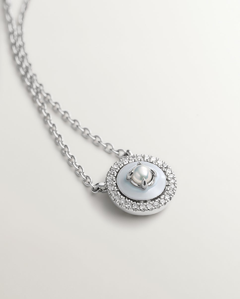 Pendente de Prata 925 e Ouro Branco de 18k com Pérolas Brancas, Diamantes Brancos e Esmalte Cinzento Branco-4