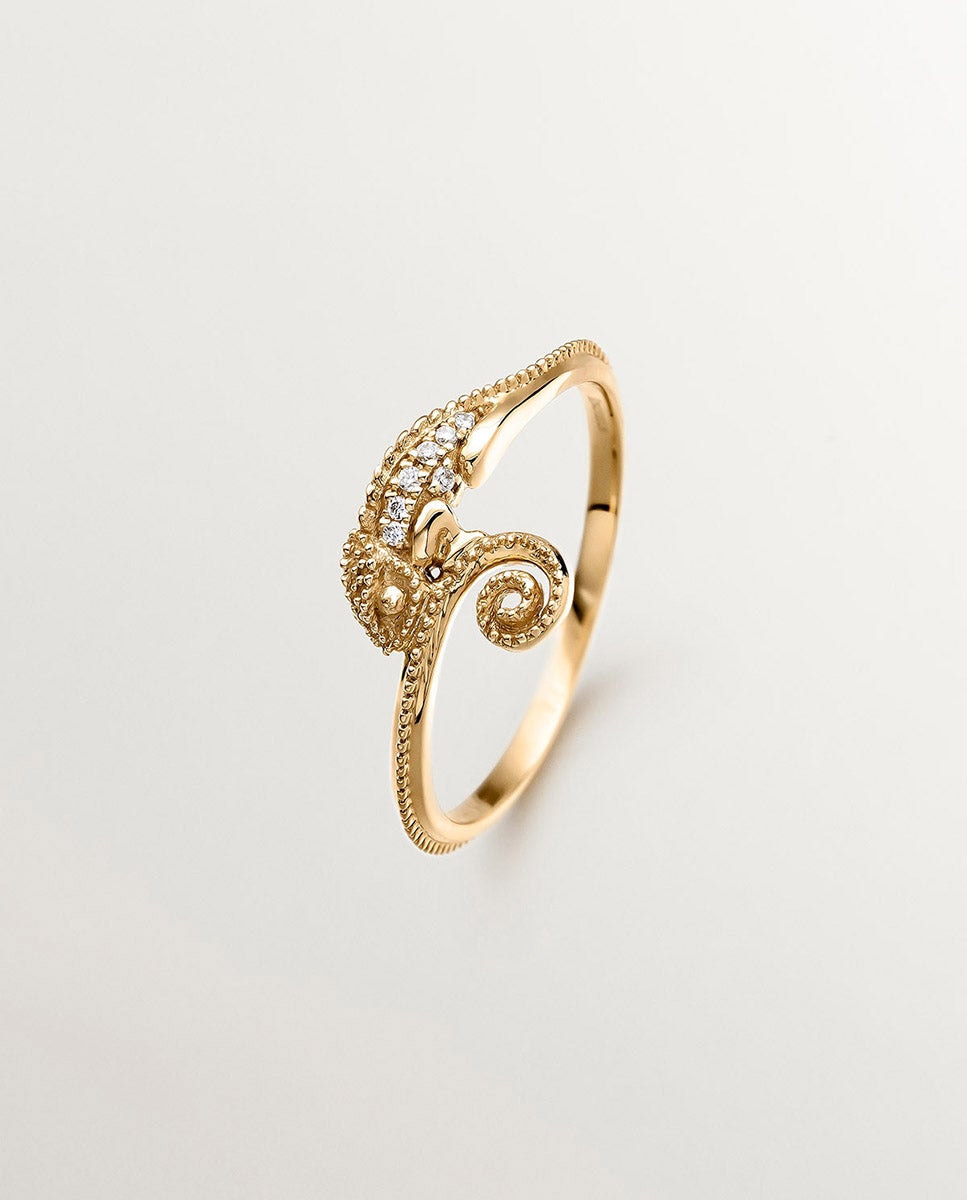 Anel de Ouro Amarelo de 18k com Camaleão e Diamantes Branco-1