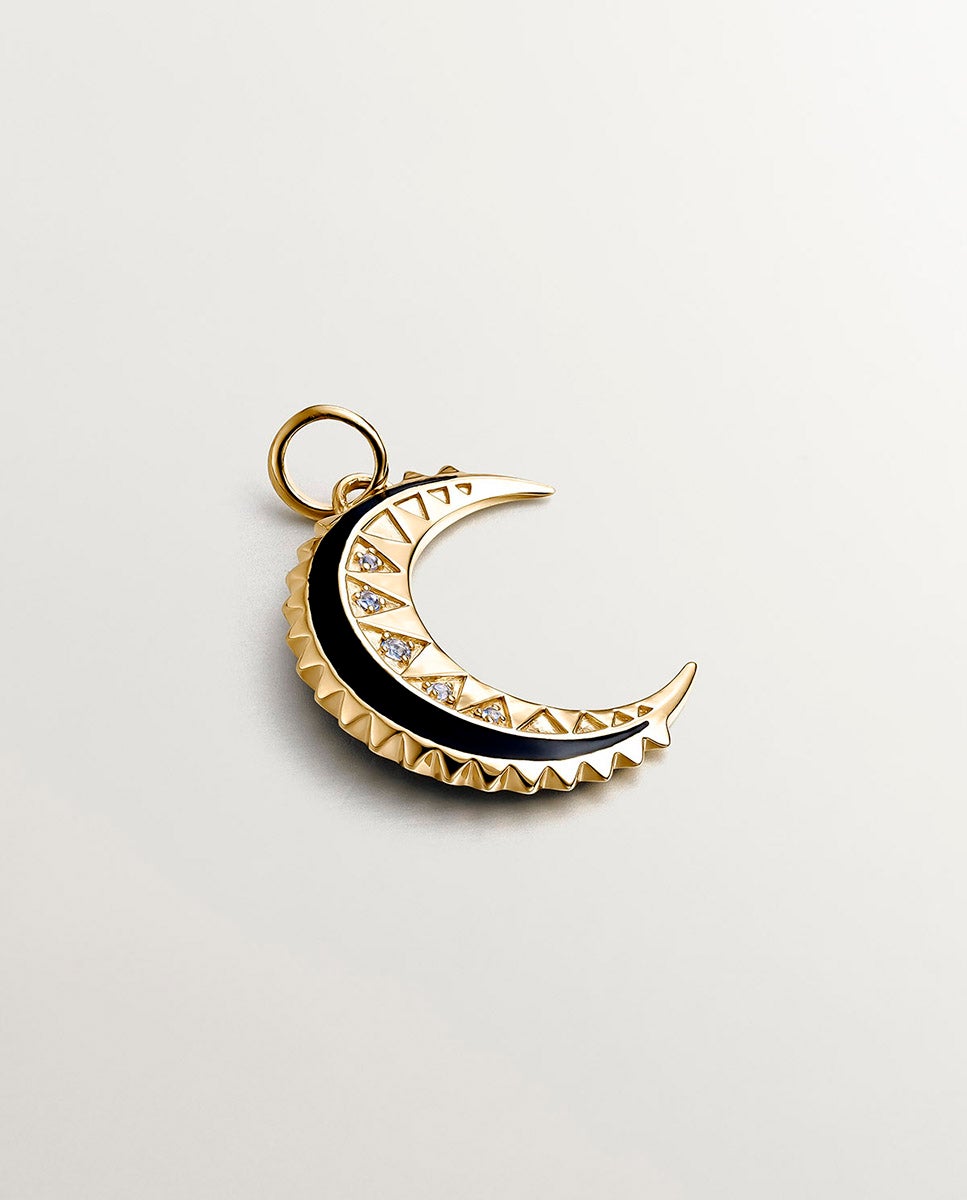 Charm de Prata 925 Banhada em Ouro Amarelo de 18k com Topázios Brancos, Esmalte Preto e Forma de Lua Branco-1