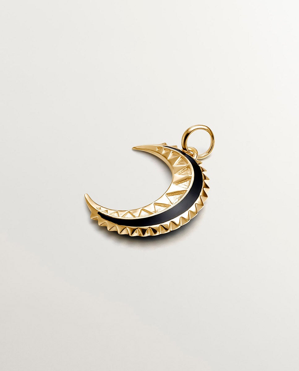 Charm de Prata 925 Banhada em Ouro Amarelo de 18k com Topázios Brancos, Esmalte Preto e Forma de Lua Branco-3