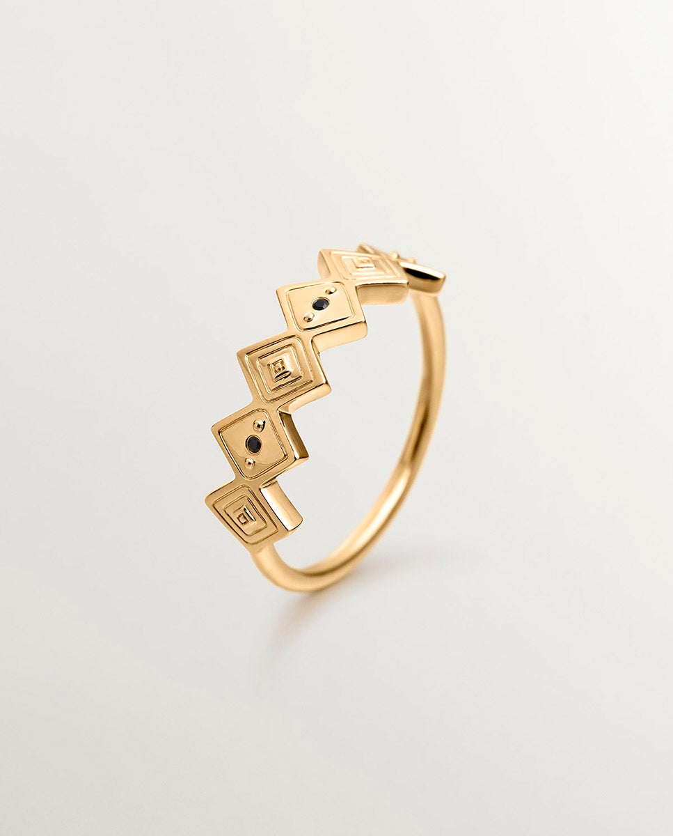 Anel de Prata 925 Banhada em Ouro Amarelo de 18k com Espinelas Negras Preto-1